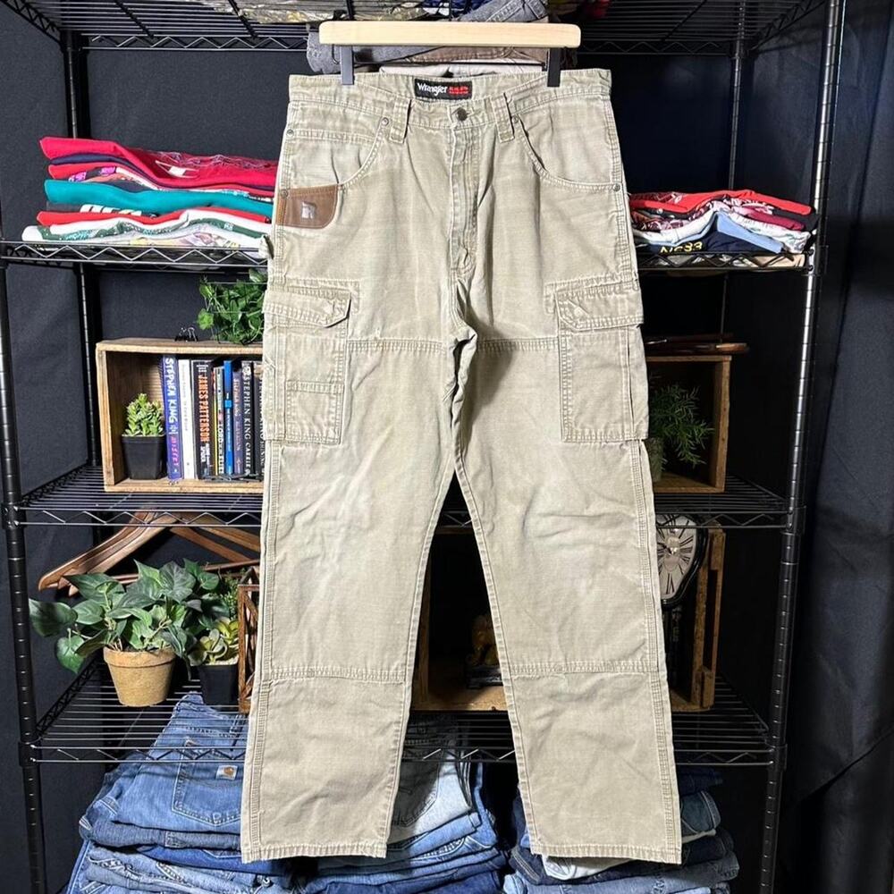 Wrangler Riggs Double Knee Cargo Pants Tan Distressed Workwear Carpenter Jeans